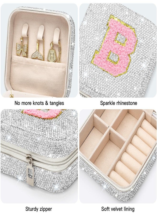 Soleebee Bling Crystal Travel Jewelry Case, B Initial Jewelry Box for Women Girls, Portable Small Jewelry Organizer Travel Essentials for Necklace Earrings Rings - Letter B, Silver - Image 4