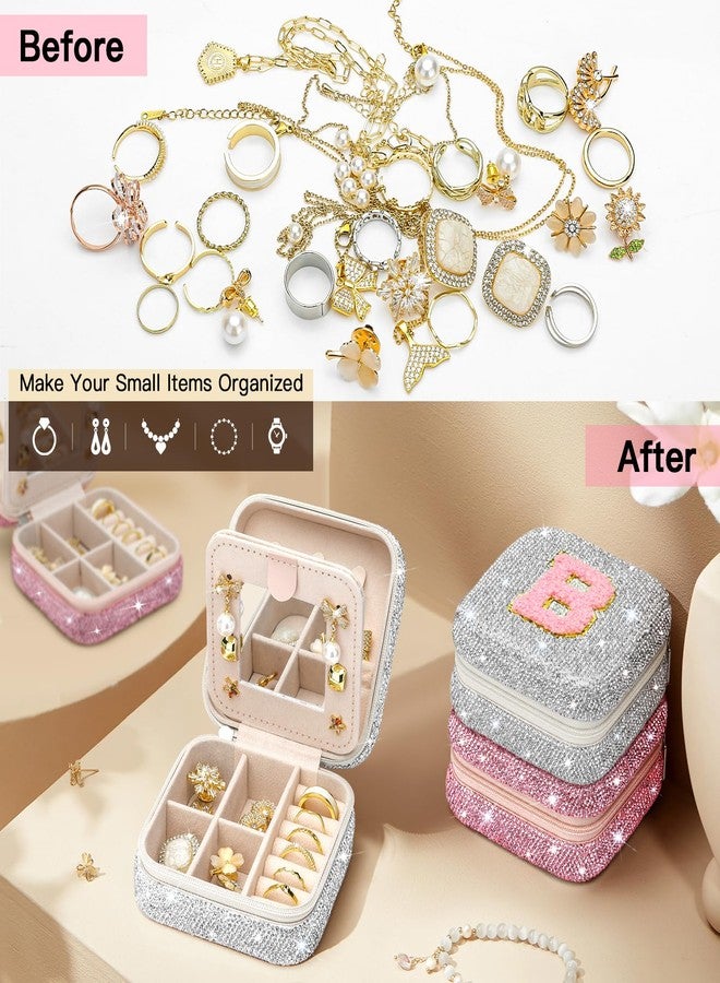 Soleebee Bling Crystal Travel Jewelry Case, B Initial Jewelry Box for Women Girls, Portable Small Jewelry Organizer Travel Essentials for Necklace Earrings Rings - Letter B, Silver - Image 5