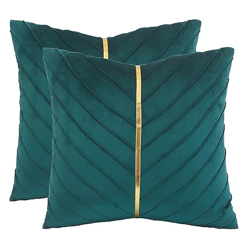 Tosleo Peacock Blue Velvet Throw Pillow Covers 18 x 18 Pack of 2 with Gold Leather Decorative Couch Pillowcases Luxury Modern Soft Pillow Cover Spring Summer Home Decor for Sofa Bed Living Room - Image 1