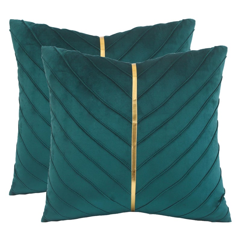 Tosleo Peacock Blue Velvet Throw Pillow Covers 18 x 18 Pack of 2 with Gold Leather Decorative Couch Pillowcases Luxury Modern Soft Pillow Cover Spring Summer Home Decor for Sofa Bed Living Room - Image 2