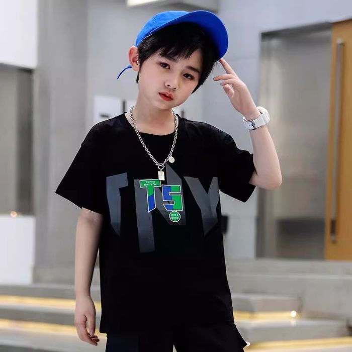 Boys' Summer Short-sleeved Cotton T-shirt 2025 New Children's Students Handsome Fried Street Middle and Big Children's Summer Top Trendy - Image 1