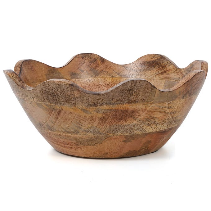 Wooden Scalloped Bowl Medium Ruffle Decorative Style Rustic Kitchen Decor Mango Wood Natural Grain Finish Fits Bread Fruits Salad or Popcorn 10 x 4 x 9