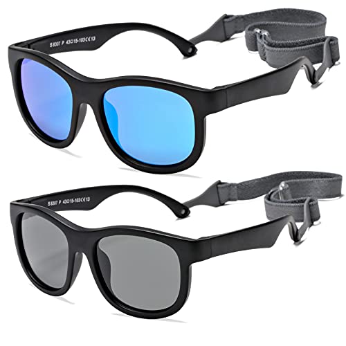 NULOOQ Flexible Polarized Baby Sunglasses with Adjustable Strap for Toddler Newborn Infant Age 0-24 Months (Black/Blue Mirrored + Black/Gray) - 2 Pack - Image 1