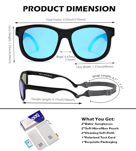NULOOQ Flexible Polarized Baby Sunglasses with Adjustable Strap for Toddler Newborn Infant Age 0-24 Months (Black/Blue Mirrored + Black/Gray) - 2 Pack - Image 3