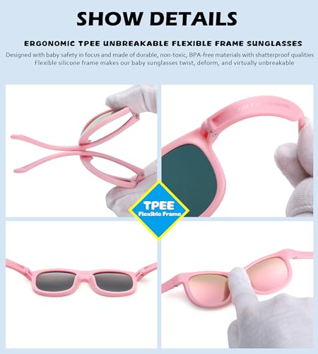 NULOOQ Flexible Polarized Baby Sunglasses with Adjustable Strap for Toddler Newborn Infant Age 0-24 Months (Black/Blue Mirrored + Black/Gray) - 2 Pack - Image 4