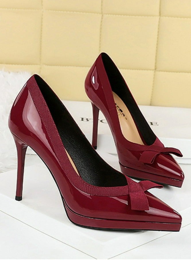BIGTREE Women's Closed Pointed Toe High Heels Patent Leather Stiletto Pumps Wine Red 10.5CM - Image 2