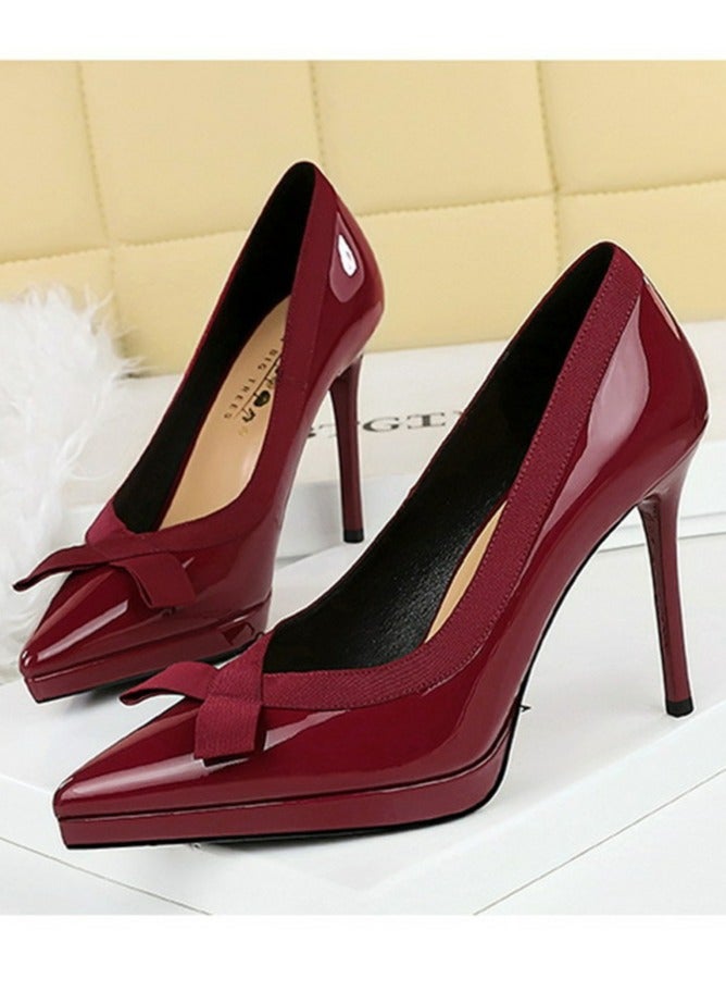 BIGTREE Women's Closed Pointed Toe High Heels Patent Leather Stiletto Pumps Wine Red 10.5CM - Image 1