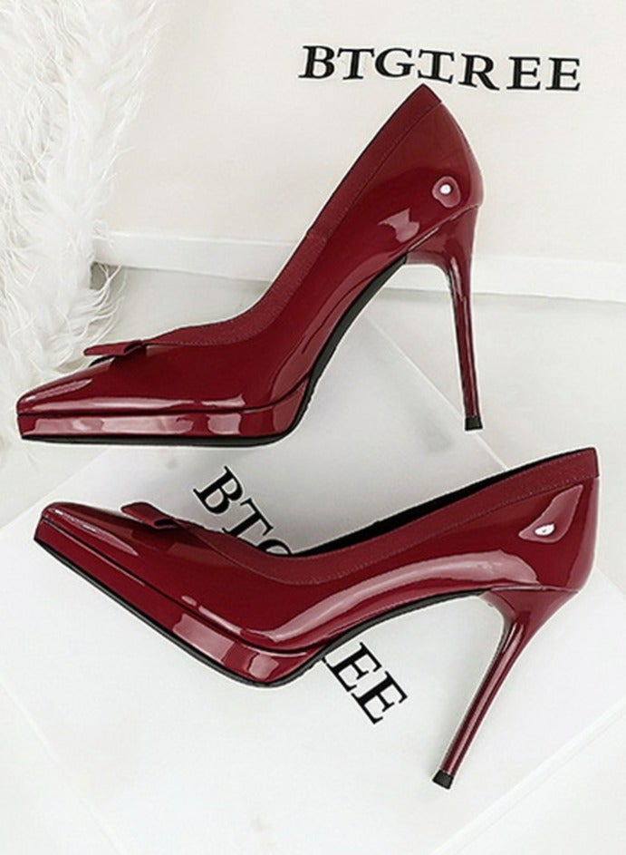 BIGTREE Women's Closed Pointed Toe High Heels Patent Leather Stiletto Pumps Wine Red 10.5CM - Image 3