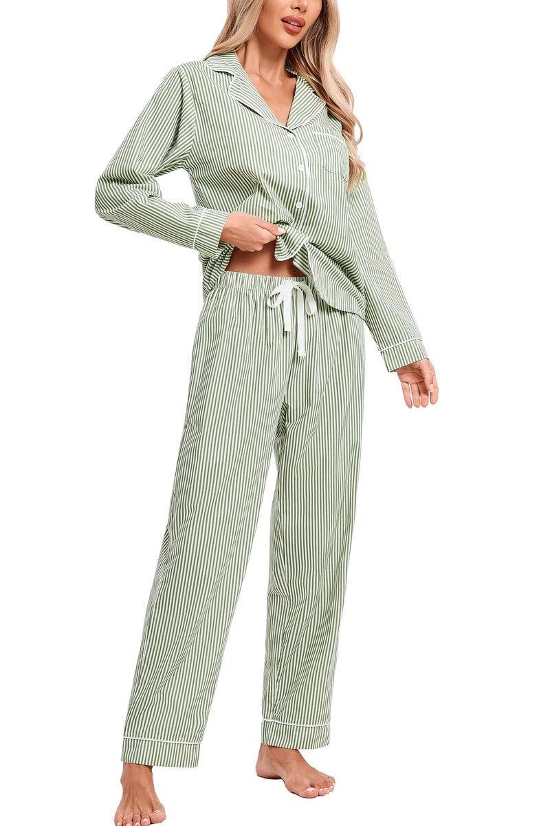 LUBOT 100% Cotton Pajamas for Women 2 Piece PJ Set Poplin Pajama Set Woven Long Sleeve Button-Down Printed Sleepwear Loungewear Set (Green Pinstripe, M) - Image 3