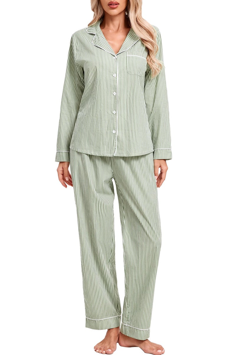 LUBOT 100% Cotton Pajamas for Women 2 Piece PJ Set Poplin Pajama Set Woven Long Sleeve Button-Down Printed Sleepwear Loungewear Set (Green Pinstripe, M) - Image 5