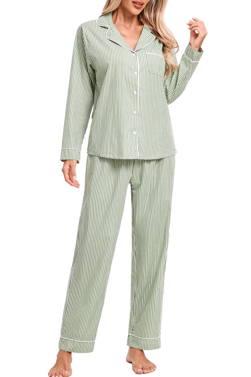 LUBOT 100% Cotton Pajamas for Women 2 Piece PJ Set Poplin Pajama Set Woven Long Sleeve Button-Down Printed Sleepwear Loungewear Set (Green Pinstripe, M) - Image 1