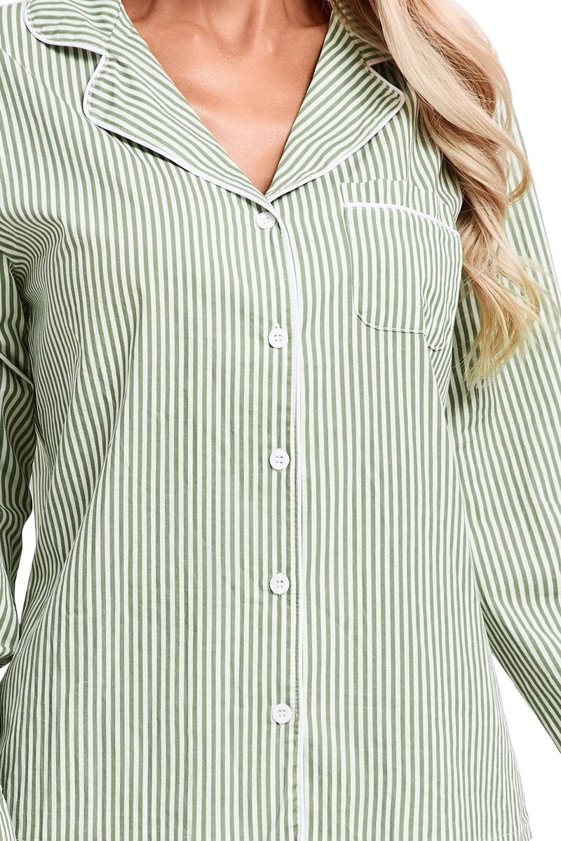 LUBOT 100% Cotton Pajamas for Women 2 Piece PJ Set Poplin Pajama Set Woven Long Sleeve Button-Down Printed Sleepwear Loungewear Set (Green Pinstripe, M) - Image 2