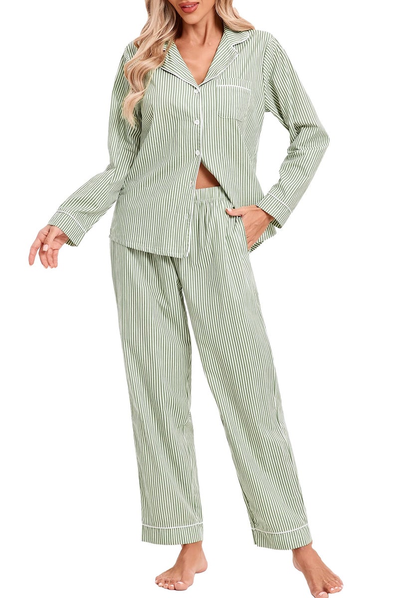 LUBOT 100% Cotton Pajamas for Women 2 Piece PJ Set Poplin Pajama Set Woven Long Sleeve Button-Down Printed Sleepwear Loungewear Set (Green Pinstripe, M) - Image 4