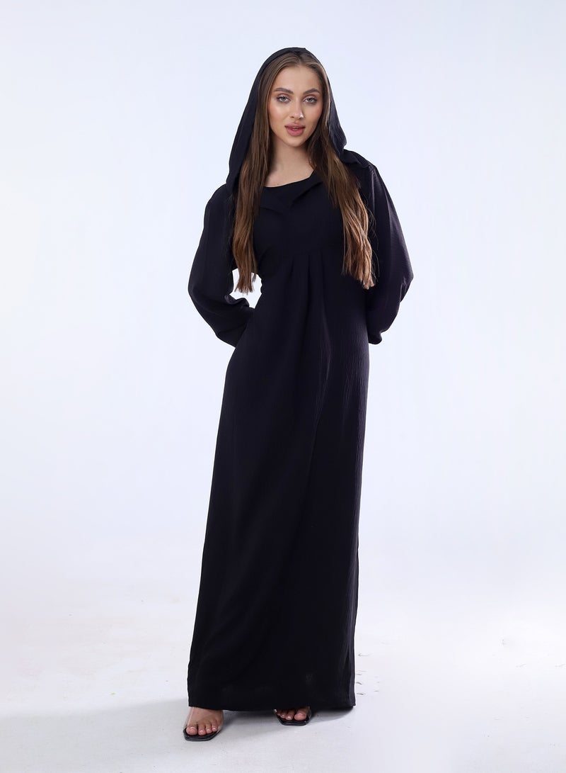 BEBO Plain long dress with hood and belt, free size, fits from 60 to 85 kg approximately_Black  - Image 1