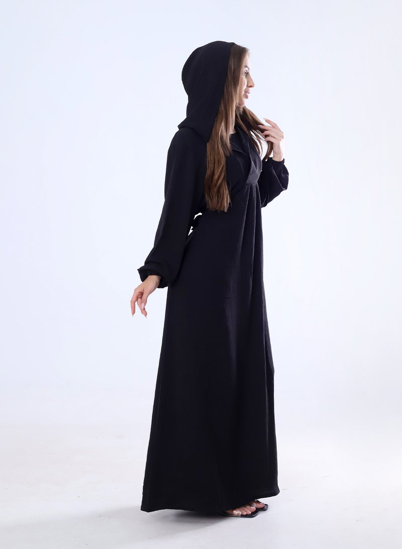 BEBO Plain long dress with hood and belt, free size, fits from 60 to 85 kg approximately_Black  - Image 2