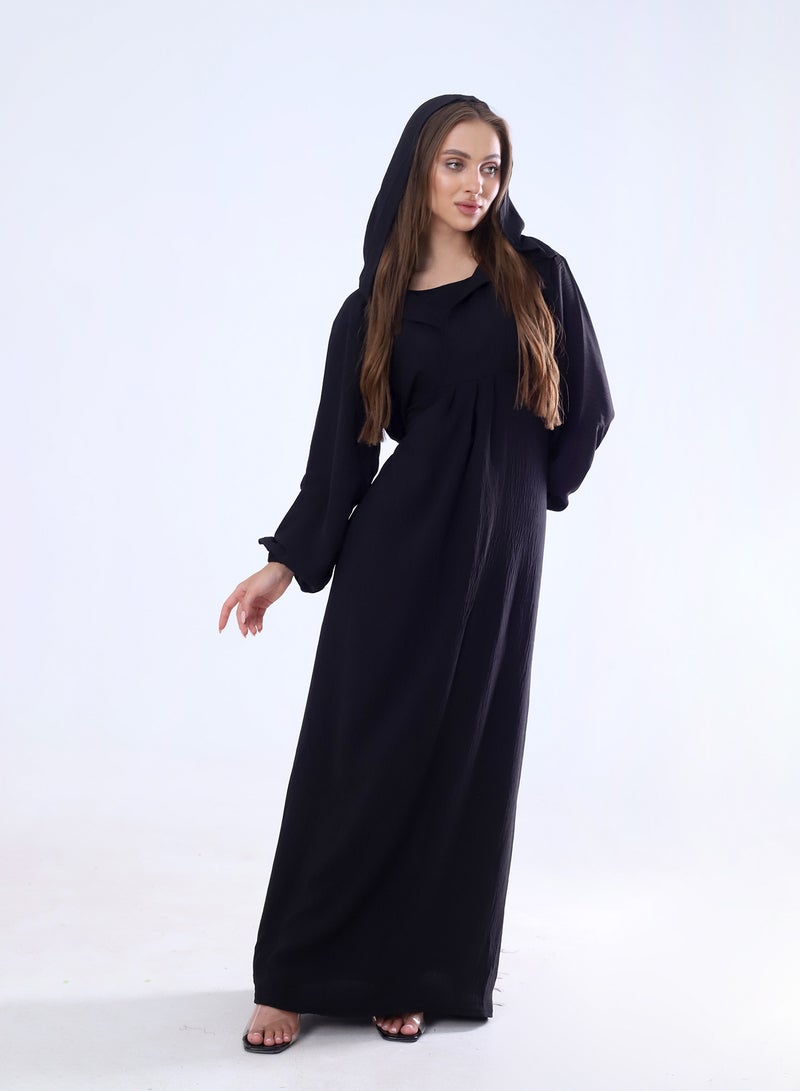 BEBO Plain long dress with hood and belt, free size, fits from 60 to 85 kg approximately_Black  - Image 3
