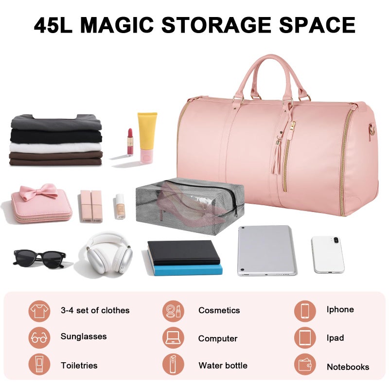 Ytonet Rolling Garment Bags for Travel, Convertible Carry On PU Leather Travel Bag 2.0 Roller Edition, 3 in 1 Suit Garment Duffle Bag with Wheels and Shoe Pouch for Business Wedding Overnight, Pink - Image 3