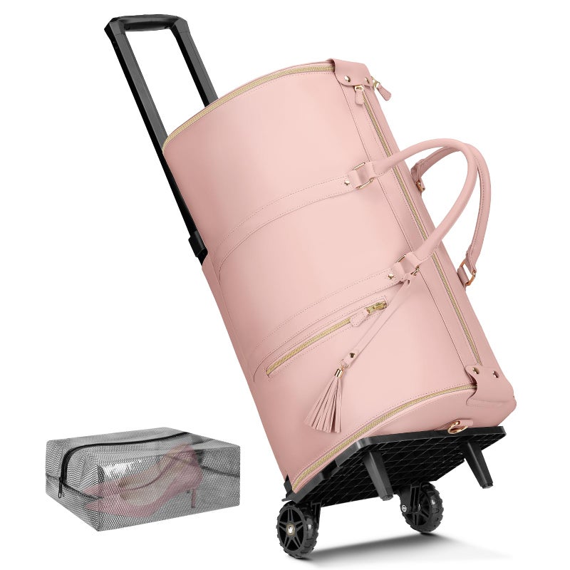 Ytonet Rolling Garment Bags for Travel, Convertible Carry On PU Leather Travel Bag 2.0 Roller Edition, 3 in 1 Suit Garment Duffle Bag with Wheels and Shoe Pouch for Business Wedding Overnight, Pink - Image 1