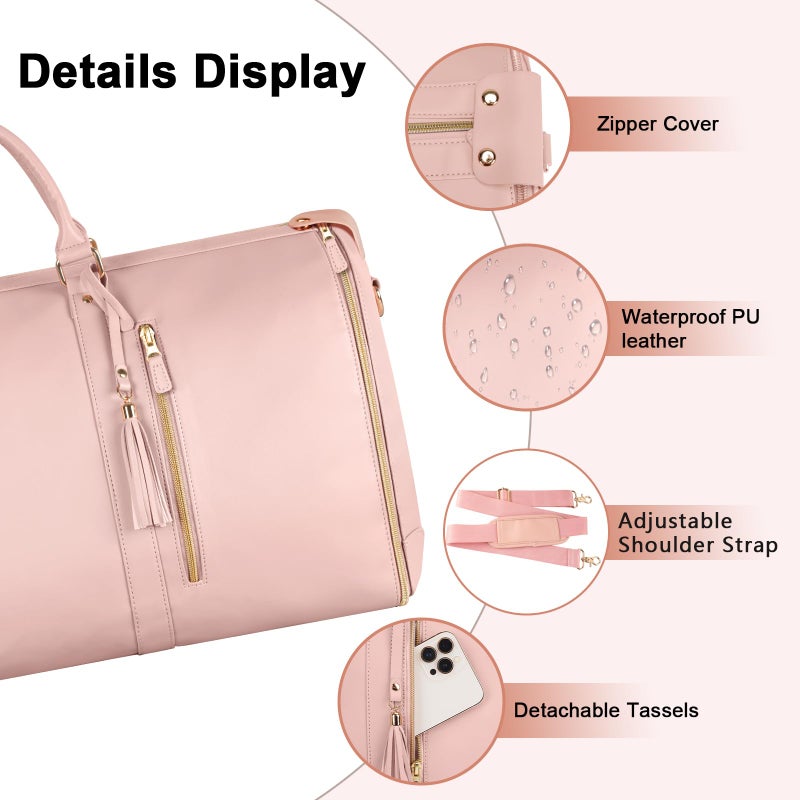 Ytonet Rolling Garment Bags for Travel, Convertible Carry On PU Leather Travel Bag 2.0 Roller Edition, 3 in 1 Suit Garment Duffle Bag with Wheels and Shoe Pouch for Business Wedding Overnight, Pink - Image 5