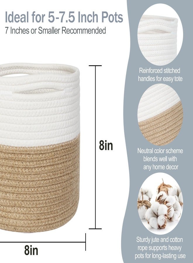 MEGASKET Small Wicker Plant Basket Indoor, 8"x8" Jute Spliced Cotton Rope Basket Planter Up to 7" Pot, Modern Flower Tree Pots Cover, Small Floor Woven Planters, Home Decor Storage Bin - Image 2