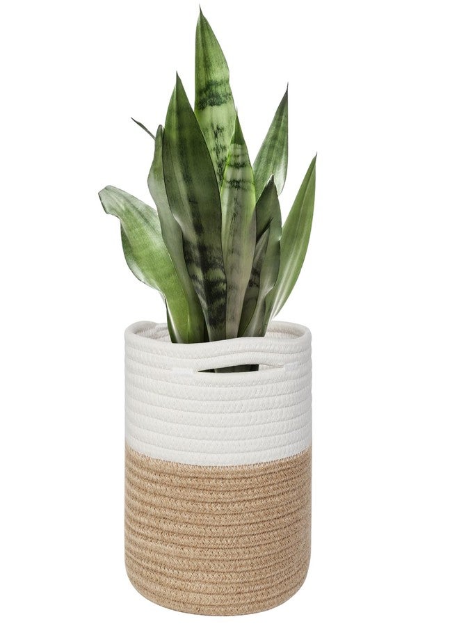 MEGASKET Small Wicker Plant Basket Indoor, 8"x8" Jute Spliced Cotton Rope Basket Planter Up to 7" Pot, Modern Flower Tree Pots Cover, Small Floor Woven Planters, Home Decor Storage Bin - Image 1