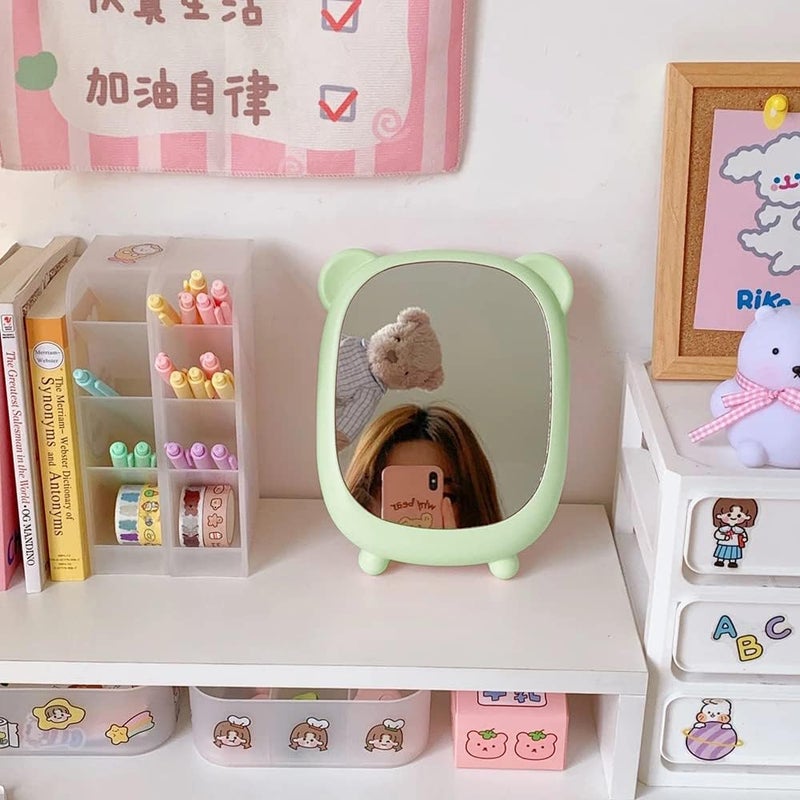 RoarCraft Bear Make up Mirror Tabletop Makeup Mirror Makeup Desktop Oval Mirror Glass Makeup Vanity Mirror Mirror with Stand Portable Folding Mirror Princess Mirror Makeup Mirror Green 1 - Image 4