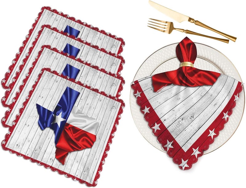 Yibeas Texas Flag Cloth Napkins Set of 4 Soft Map Stars and Wood Background Washable and Reusable Dinner Napkins for Weddings Parties 18 x 18 inch - Image 1