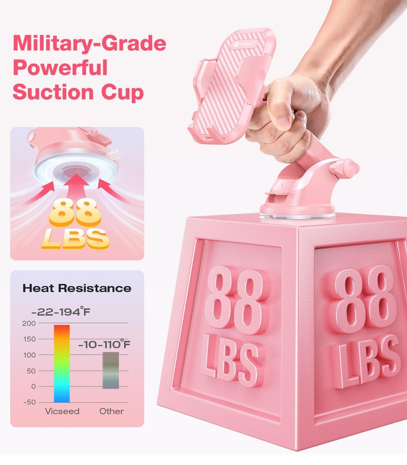 VICSEED Pink Phone Holder for Your Car [Sturdy & Durable] [Powerful Suction] Dashboard Windshield Air Vent Car Phone Holder Hands Free Phone Mount for Car for iPhone Android, Pink Car Accessories - Image 2