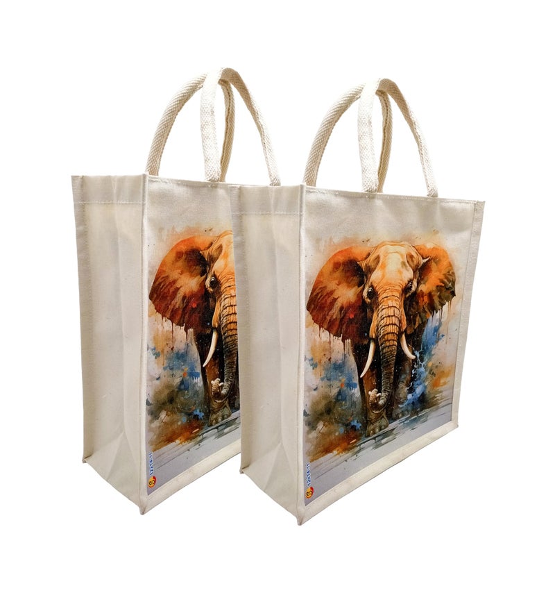 Sangra Canvas Reusable Bags for School, College, Lunch Bag for Office for Men and Women, Grocery Shopping Bag, Multi-Purpose Bag, Sturdy Handle With Zipper Lock (Pack of Two) (Elephant) - Image 1