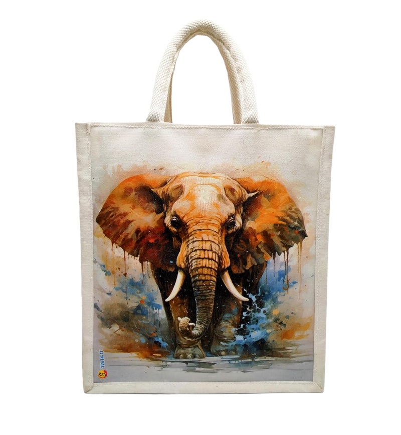 Sangra Canvas Reusable Bags for School, College, Lunch Bag for Office for Men and Women, Grocery Shopping Bag, Multi-Purpose Bag, Sturdy Handle With Zipper Lock (Pack of Two) (Elephant) - Image 2