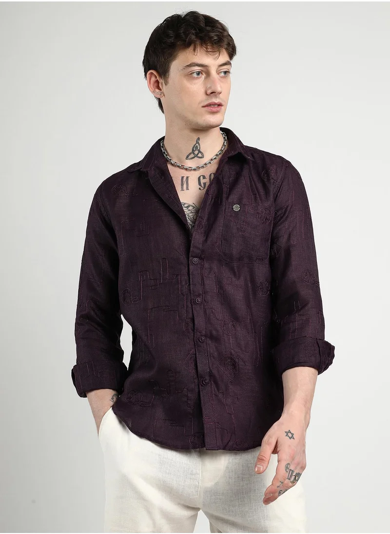 Campus Sutra Men's Plum Purple Embroidered One-Lined Shirt