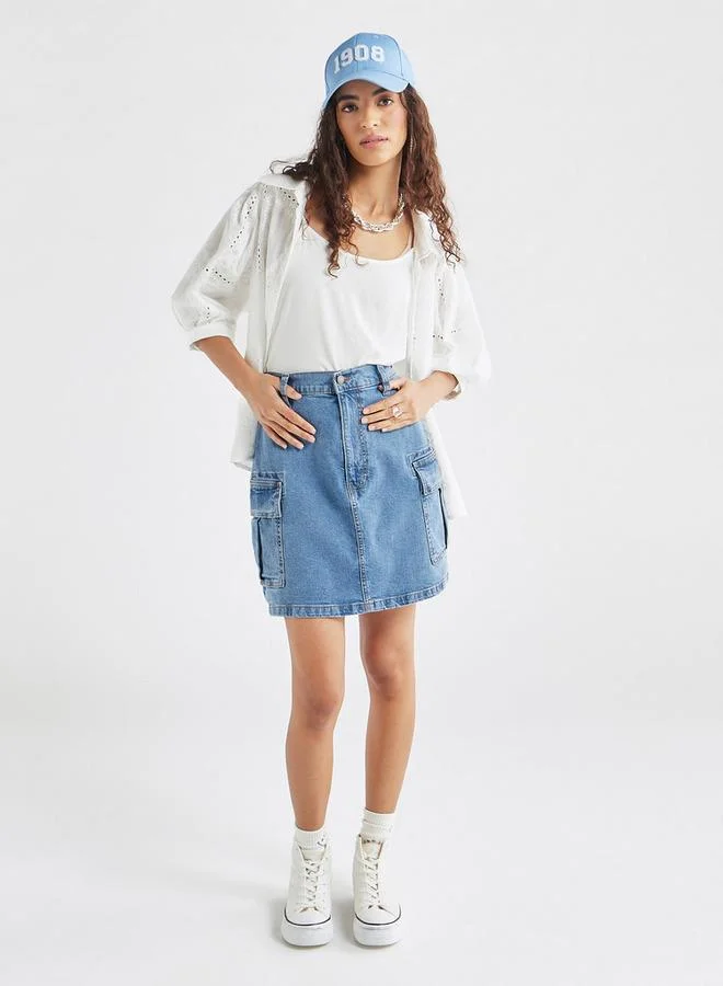 Splash FAV All-Over Embroidered Collared Shirt with Puff Sleeves