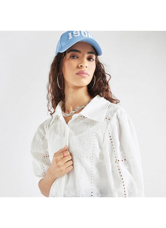 FAV All-Over Embroidered Collared Shirt with Puff Sleeves  - Image 3