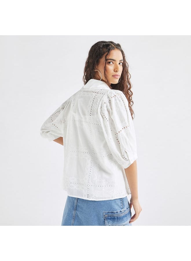 FAV All-Over Embroidered Collared Shirt with Puff Sleeves  - Image 4