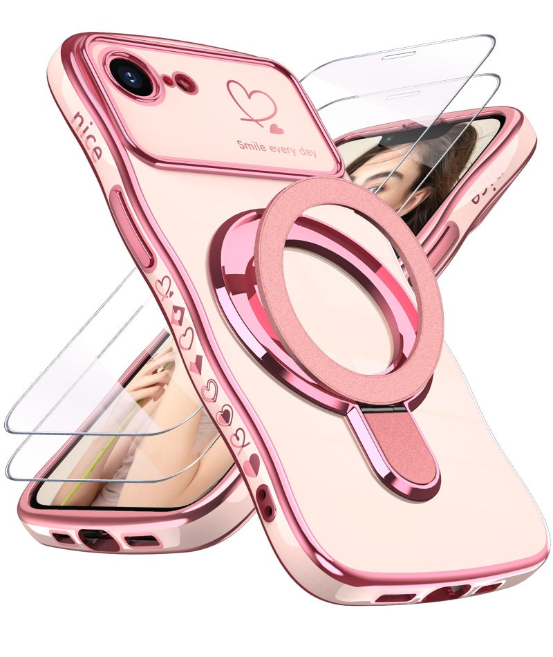 Liufcx for iPhone 17e16e Case with Screen Protector Luxury Plated Gold Cute Wavy Edge Love Heart Pattern Kickstand Case Slim Soft TPU Woman Girls Protection Cover for iPhone 16e17e Pink - Image 3