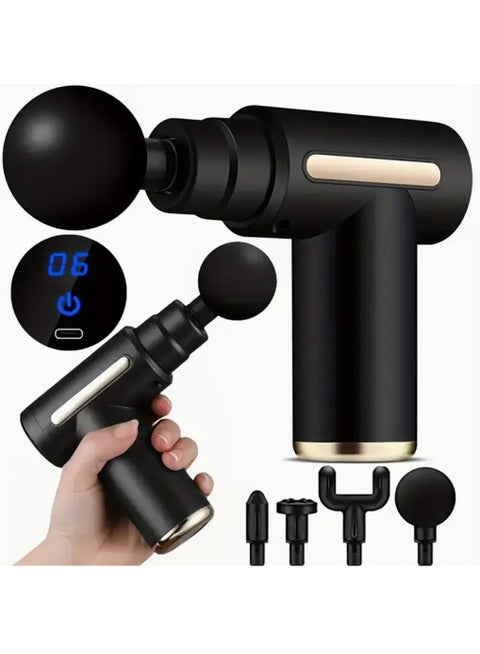 Massage gun. Massage device. Electric. 4 interchangeable heads. Deep tissue. Handheld. Quiet. Rechargeable. USB. 18650 lithium battery. Sports. Fitness.