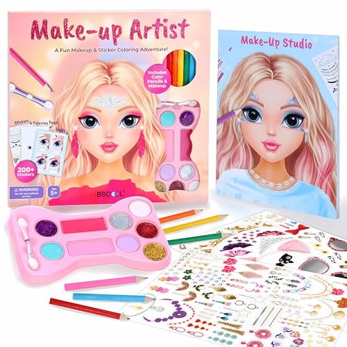 BSCOOL Make-up Artist. 3 in 1 Fun Makeup, Sticker, Coloring Kit, Includes Color Pencils, Makeup Palette, and 200+ Stickers. for Girls Ages 5,6,7,8. Gift for Girls - Image 1