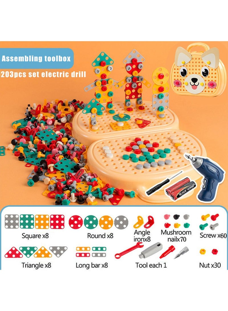صندوق أدوات إصلاح للأطفال 203 قطعة، ألعاب بناء هندسة البناء الإبداعية مع لعبة المثقاب ومجموعة أدوات مفك البراغي، أصفر - Image 4