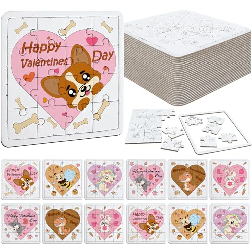 Kuabiz 24 Pcs Valentines Puzzles Color Your Own Jigsaw Puzzles with 6 Cute Designs Coloring Crafts DIY Paper Puzzles Party Favors Gifts for Valentines Parties Group Projects Prizes Holiday Birthday Supplies - Image 1
