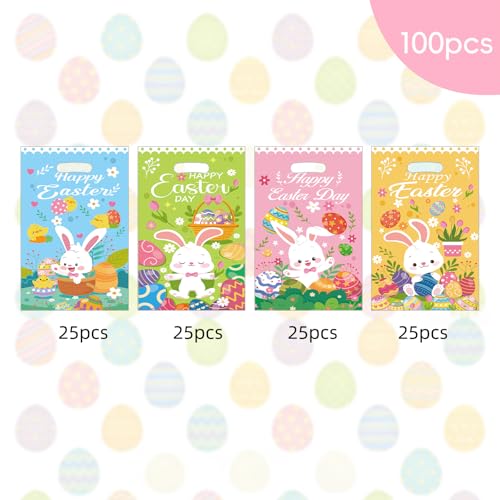 Jocomoni 100Pcs Easter Gift Bag Plastic Treat Bag with Handle Egg Bunny Candy Bags Colorful Goodie Bags for Easter Party Favor Supplies Classroom Gift Exchange - Image 2