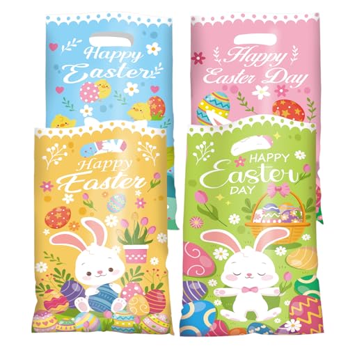 Jocomoni 100Pcs Easter Gift Bag Plastic Treat Bag with Handle Egg Bunny Candy Bags Colorful Goodie Bags for Easter Party Favor Supplies Classroom Gift Exchange - Image 1