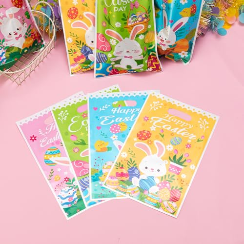 Jocomoni 100Pcs Easter Gift Bag Plastic Treat Bag with Handle Egg Bunny Candy Bags Colorful Goodie Bags for Easter Party Favor Supplies Classroom Gift Exchange - Image 4