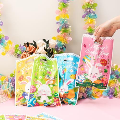 Jocomoni 100Pcs Easter Gift Bag Plastic Treat Bag with Handle Egg Bunny Candy Bags Colorful Goodie Bags for Easter Party Favor Supplies Classroom Gift Exchange - Image 5