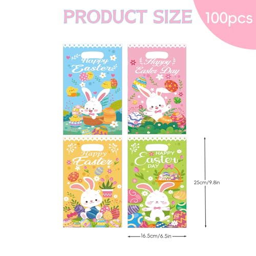 Jocomoni 100Pcs Easter Gift Bag Plastic Treat Bag with Handle Egg Bunny Candy Bags Colorful Goodie Bags for Easter Party Favor Supplies Classroom Gift Exchange - Image 3