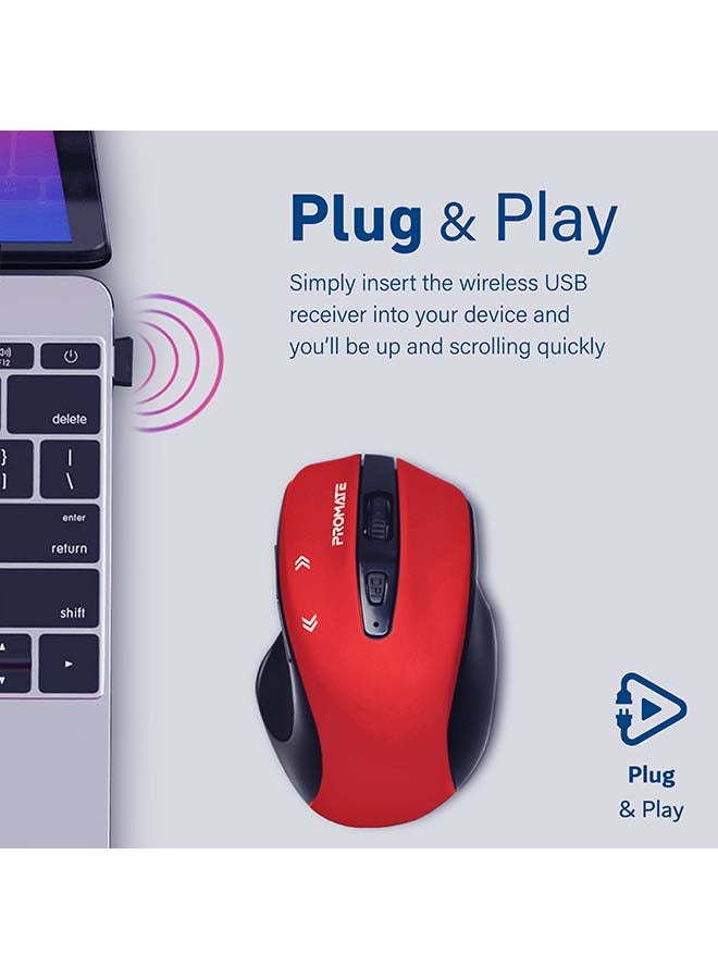 PROMATE 1600DPI Portable 2.4Ghz Precision Tracking EZGrip Ergonomic Mouse with 10m Range, Nano USB Receiver, Adjustable DPI Switch and 6 Programmable Buttons Red - Image 2