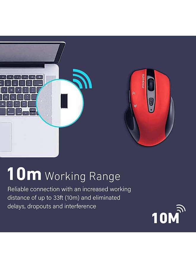 PROMATE 1600DPI Portable 2.4Ghz Precision Tracking EZGrip Ergonomic Mouse with 10m Range, Nano USB Receiver, Adjustable DPI Switch and 6 Programmable Buttons Red - Image 4