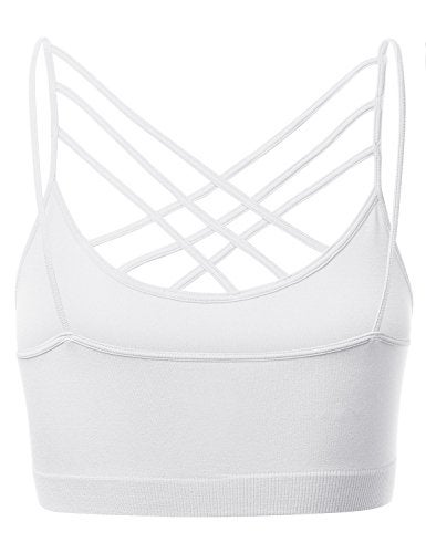 HATOPANTS Women Sports Bra Criss Cross Strappy Wirefree Cami Bralette Crop Top White L-XL - Image 3