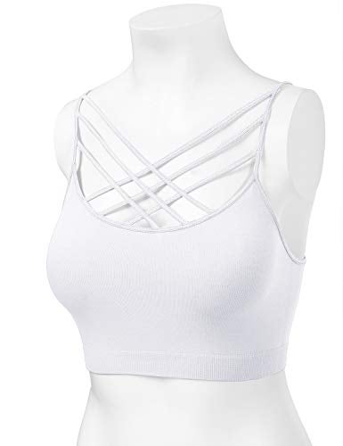 HATOPANTS Women Sports Bra Criss Cross Strappy Wirefree Cami Bralette Crop Top White L-XL - Image 4