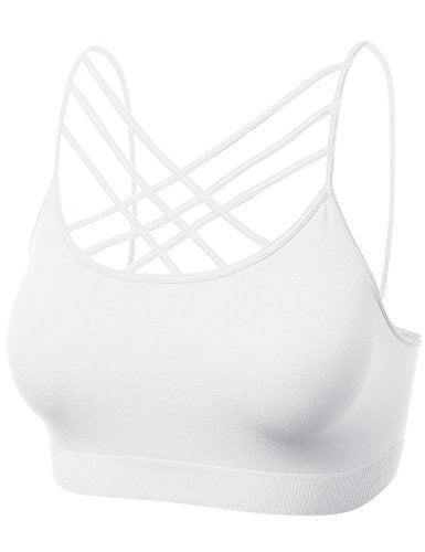 HATOPANTS Women Sports Bra Criss Cross Strappy Wirefree Cami Bralette Crop Top White L-XL - Image 2