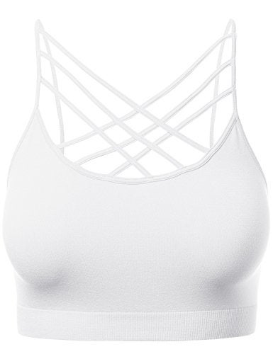 HATOPANTS Women Sports Bra Criss Cross Strappy Wirefree Cami Bralette Crop Top White L-XL - Image 1